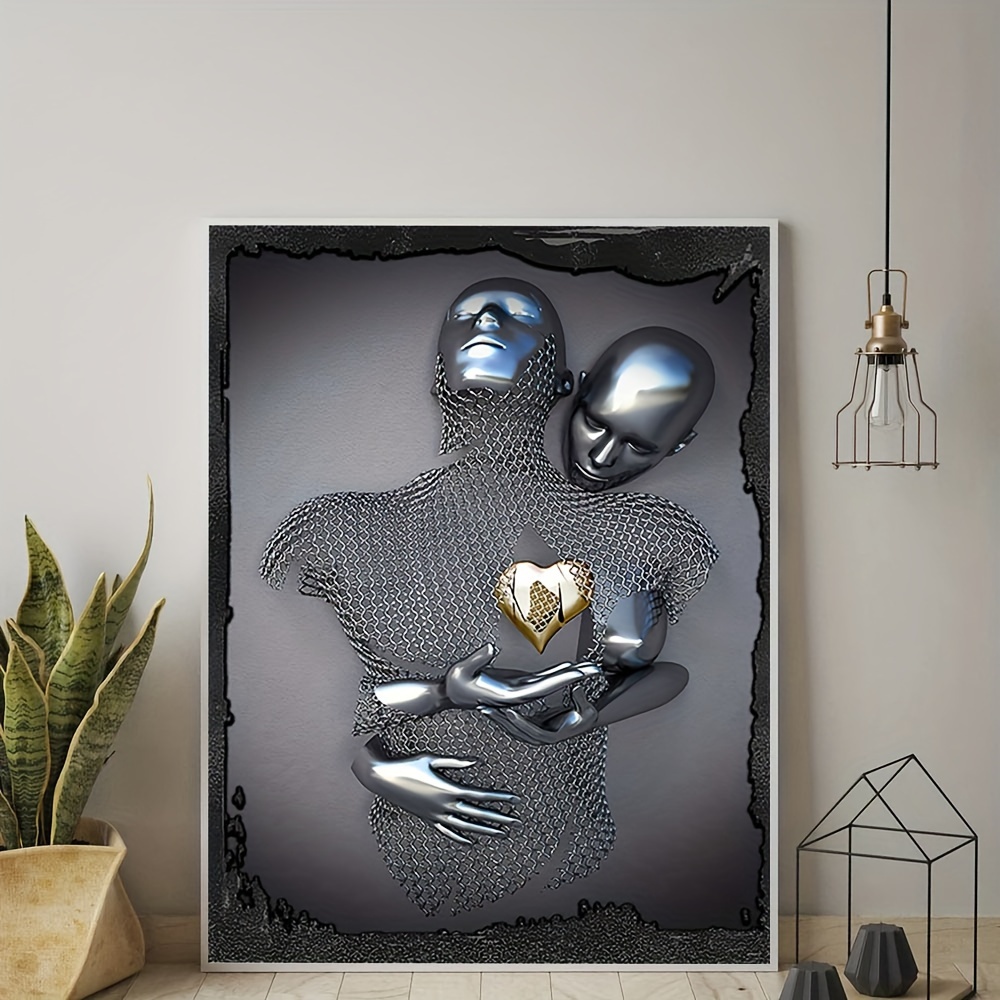3pcs Canvas Poster, Modern Art, Love Heart 3d Wall Art, Metal Sculpture  Romantic Couple Hug Art, Ideal Gift For Bedroom, Decor Wall Art, Wall  Decor, F