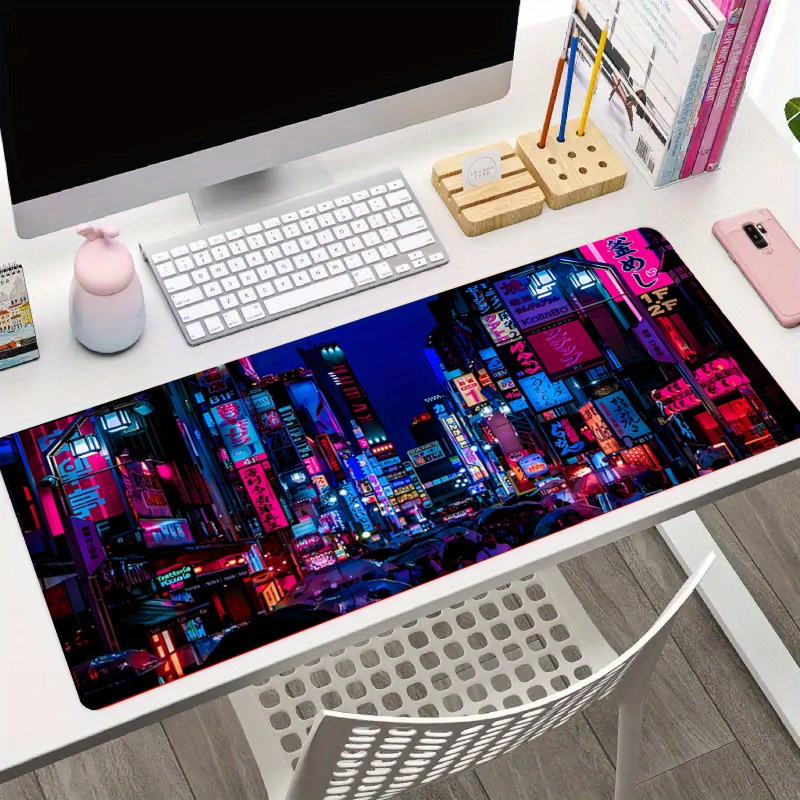 Cyberpunk City Desk Pad(2 Patterns), Retro Vaporwave City Gaming