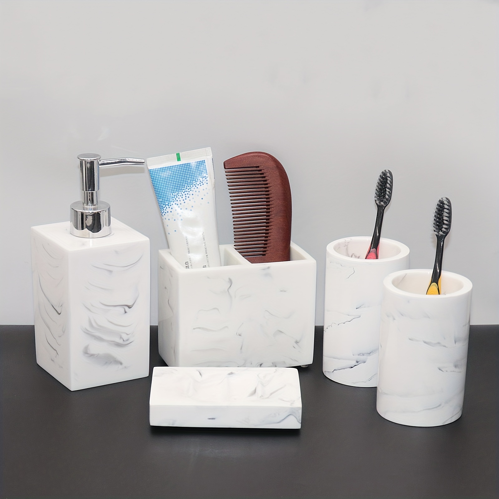  Dispensador de jabón líquido de manos para baño, juego de  accesorios de baño de cerámica de 5 piezas, soporte para cepillo de  dientes, dispensador de jabón líquido, jabonera, 2 vasos, juego