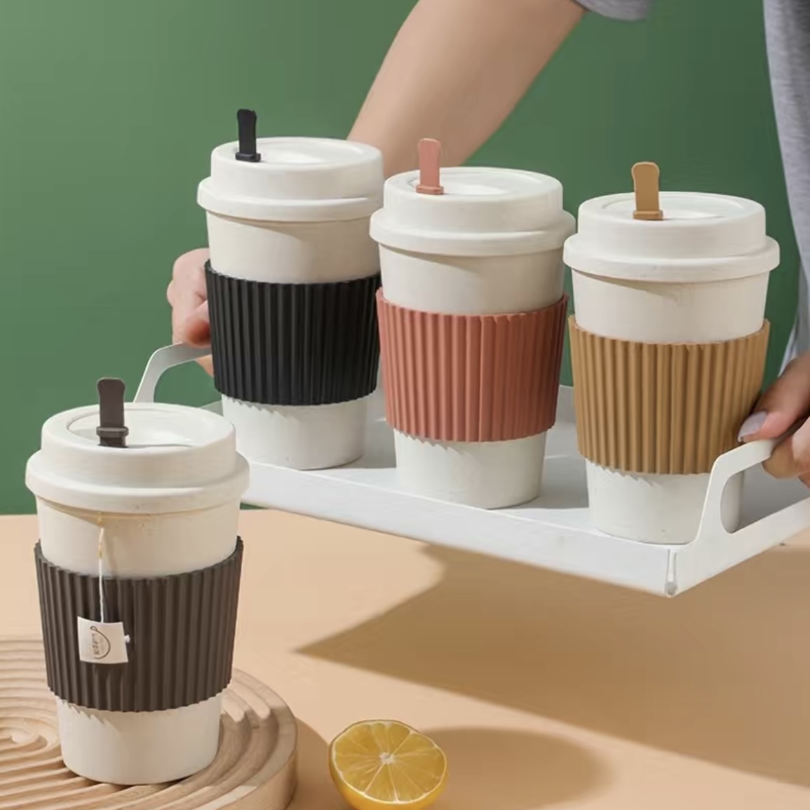 420ml Portable Practical Reusable Bamboo Fiber Coffee Cups Eco Friendly  Non-slip Solid Travel Car Mugs