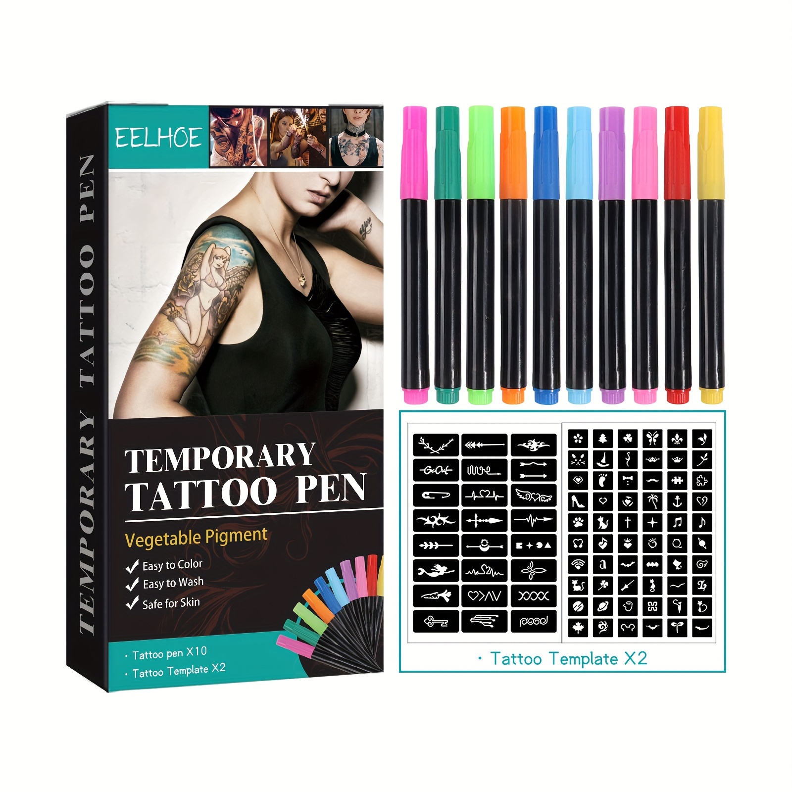  BodyMark Gift Set Temporary Tattoo Marker for Skin, Premium  Brush Tip, 4 Count Pack of Assorted Colors and Stencils, Skin-Safe  Temporary Tattoo Markers Set : Beauty & Personal Care
