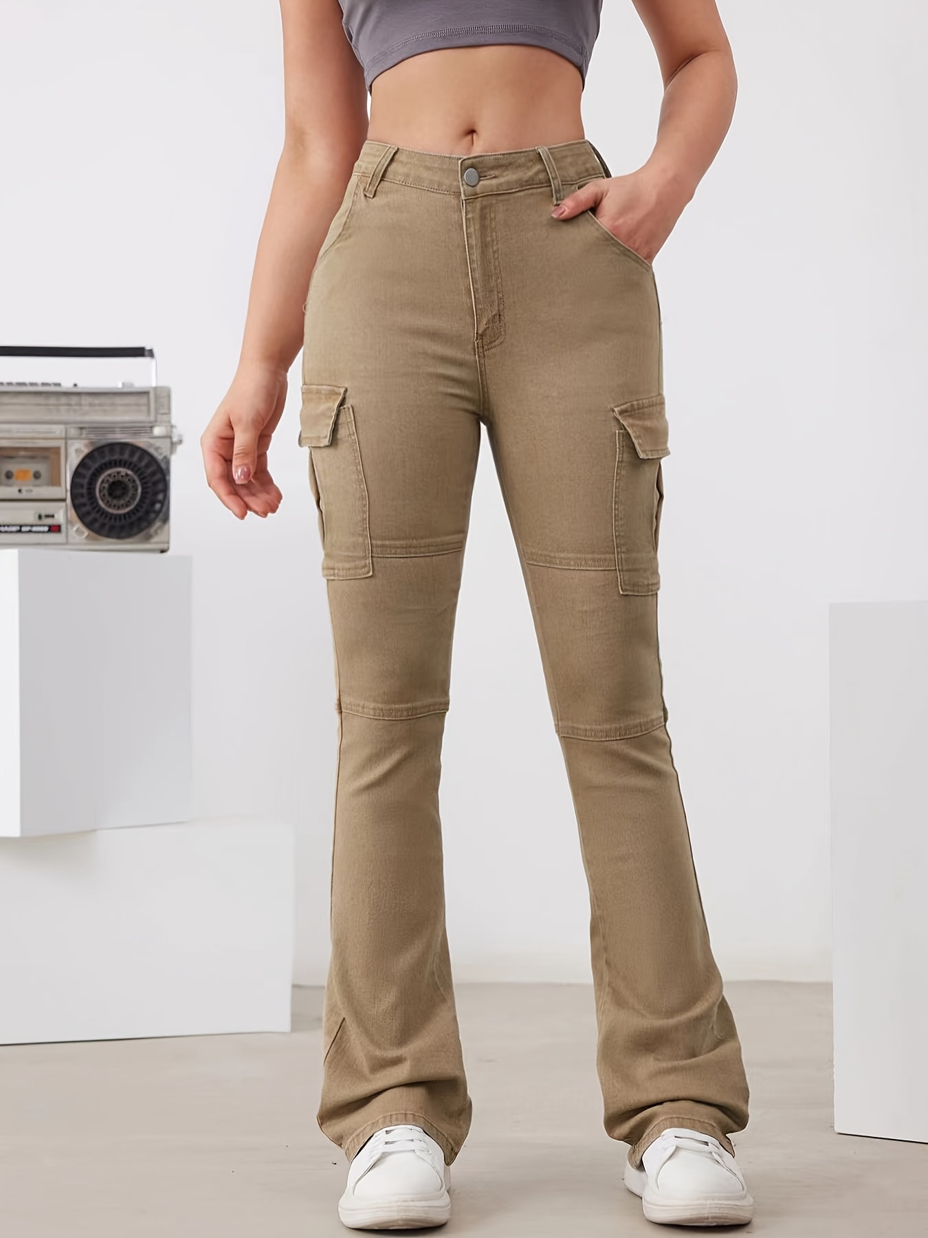 Solid Pocket Cargo Pants, Casual Button Front Pants, Women's Clothing