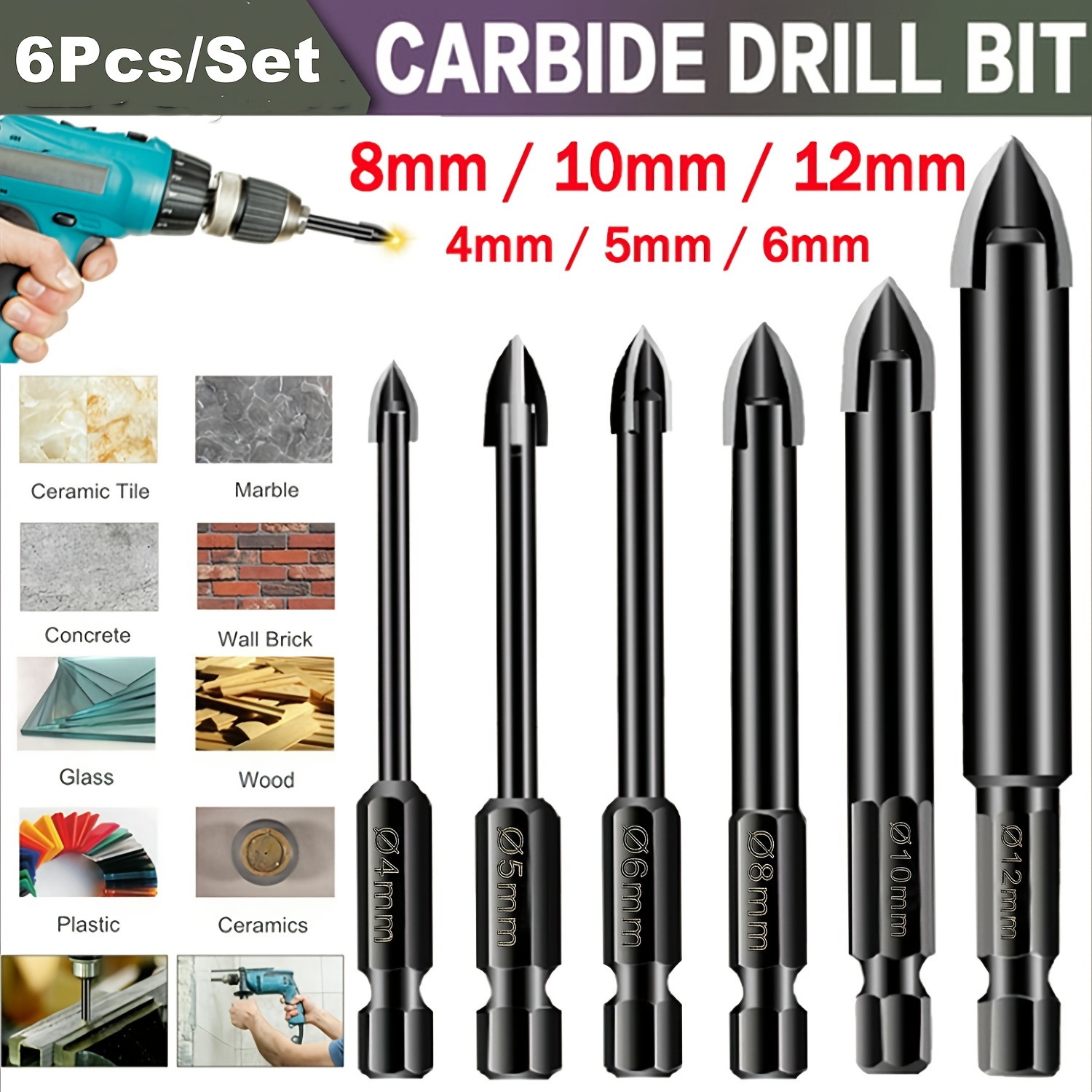 6PCS SDS+ Rotary Hammer Bit Kit Carbide Drill Bits Set For Concrete Masonry  Wall