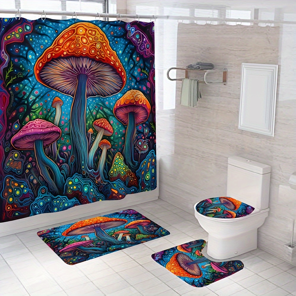 Forest Mushroom Magic Waterproof Shower Curtain Bath Mat Toilet Cover Set  Mat