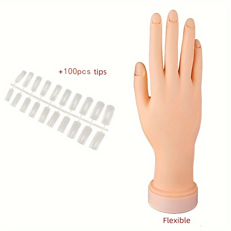 Practice Hand for Acrylic Nails, Flexible Movable Nail Practice Hands,  100PCS Nail Tips Never Fall Off Finger Never Break Nail Hand Practice,  Silicone Acrylic Practice Hand Fake Hand for Nail Practice Practice