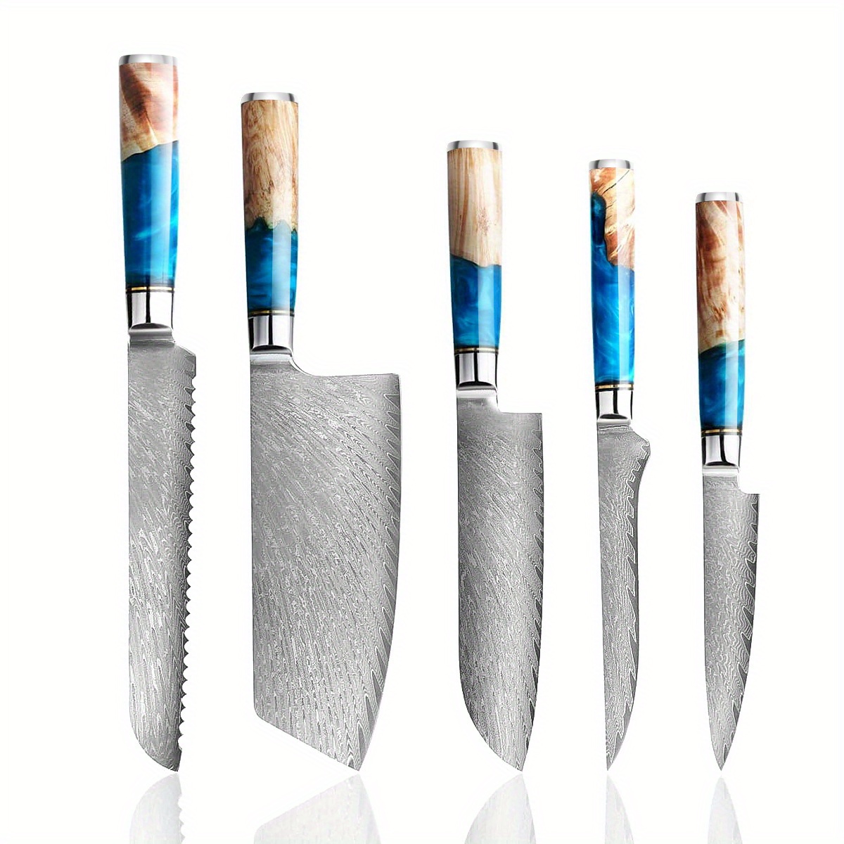 Kitchen Knives-Set Damascus Steel VG10 Chef Knife Cleaver Paring Bread  Knife Blue Resin and Color Wood Handle 1-8PCS set