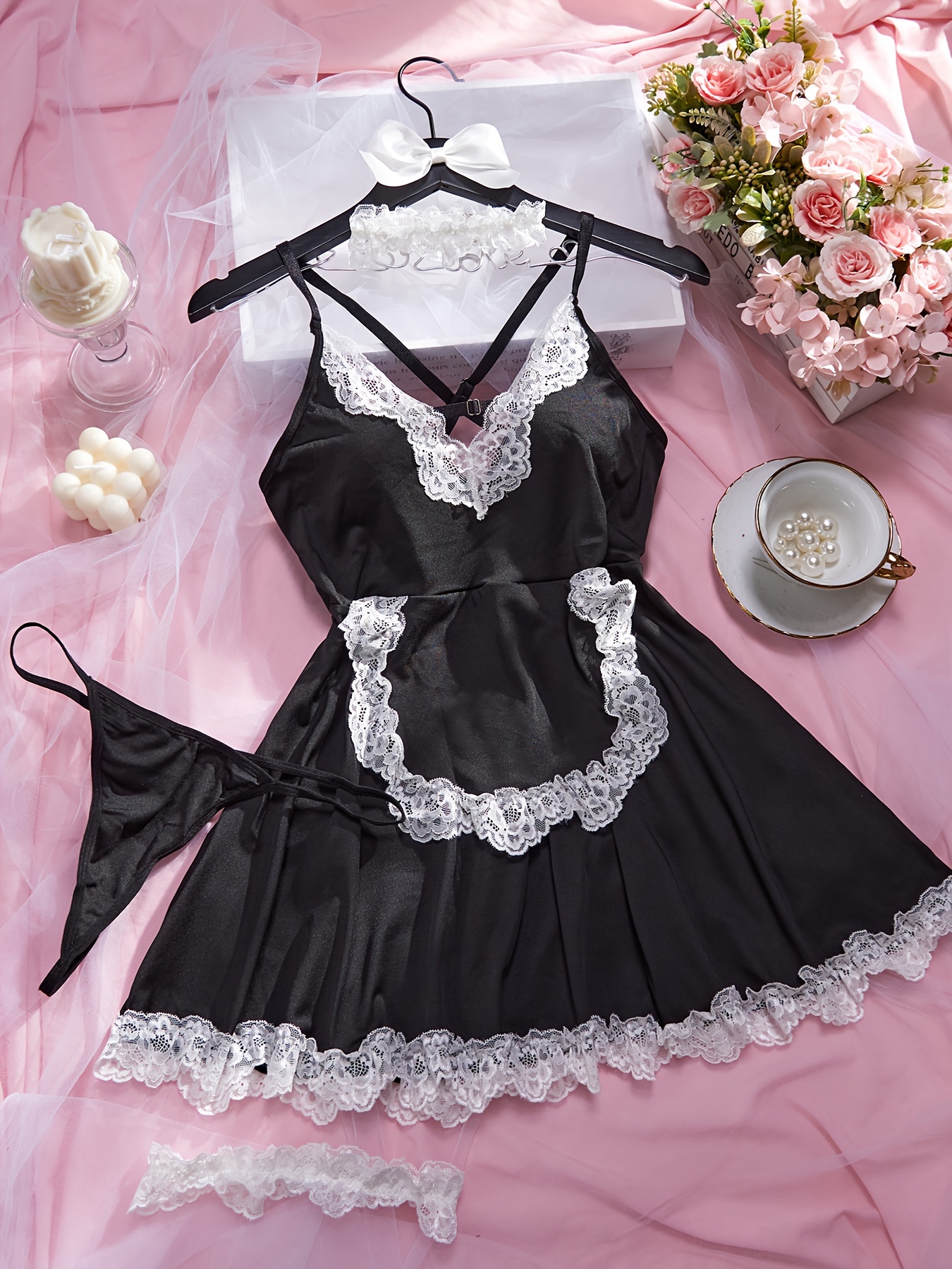 Cosplay Lingerie for Women Kinky Maid Role Playing Costume Lace Spaghetti  Strap Apron Bowknot Nightclub Nightdress