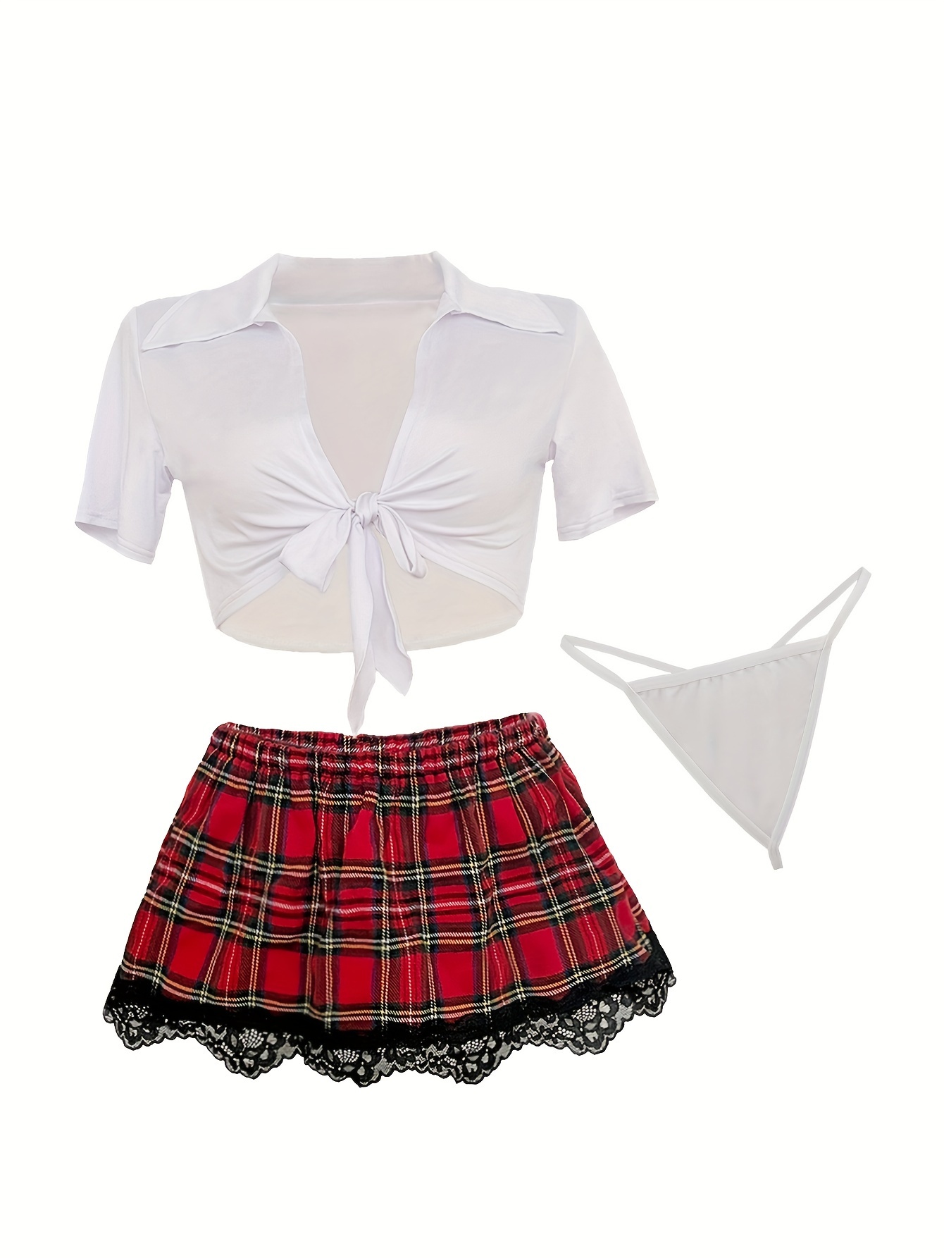 Sexy Plaid Lingerie Set Crop Top Mini Skirt Panty Choker - Temu