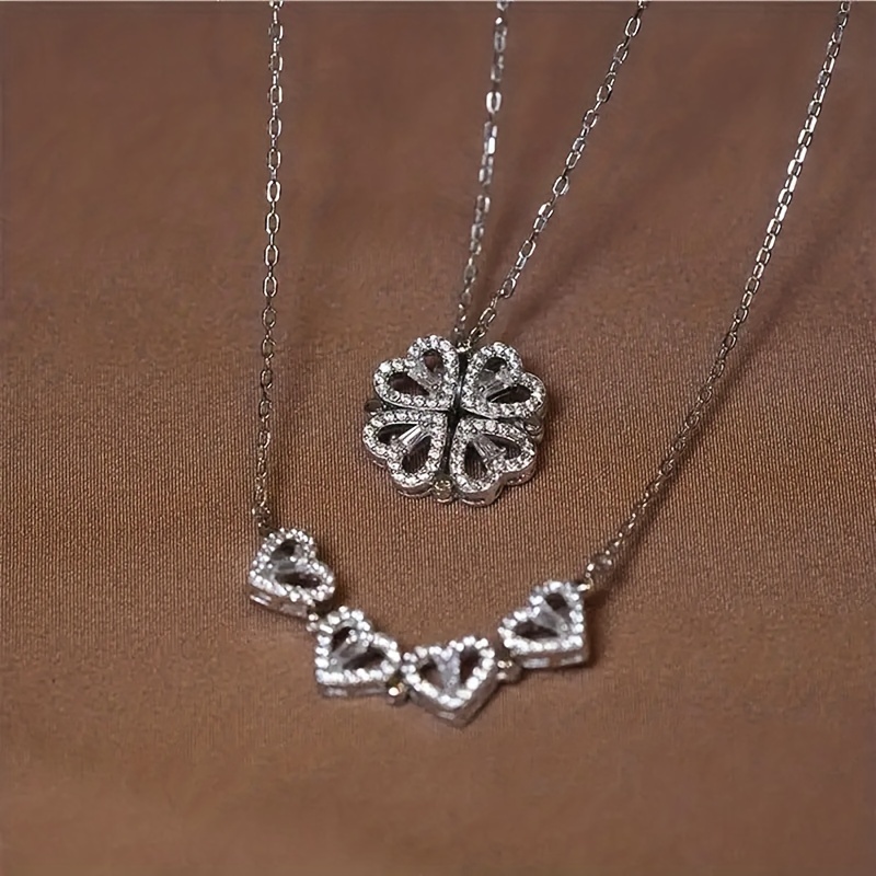 Simple Light Luxury Stainless Steel Jewellery Magnetic Two-Wear Clavicle  Chain Diamond Love Four-Leaf Clover