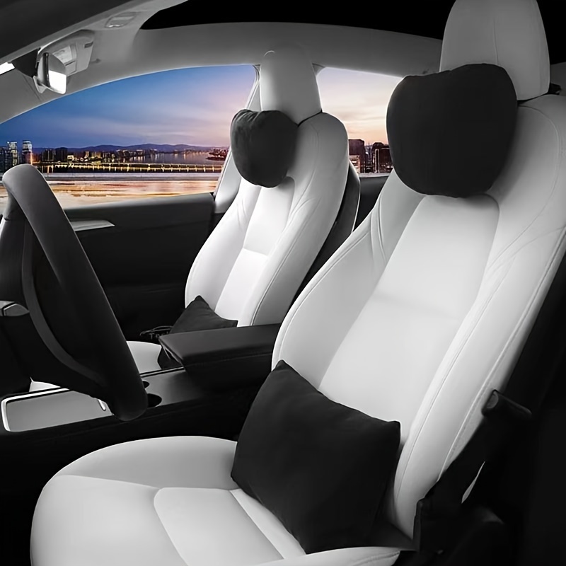 1Pc White Tesla Embroidery Memory Foam Car Seat Neck Headrest