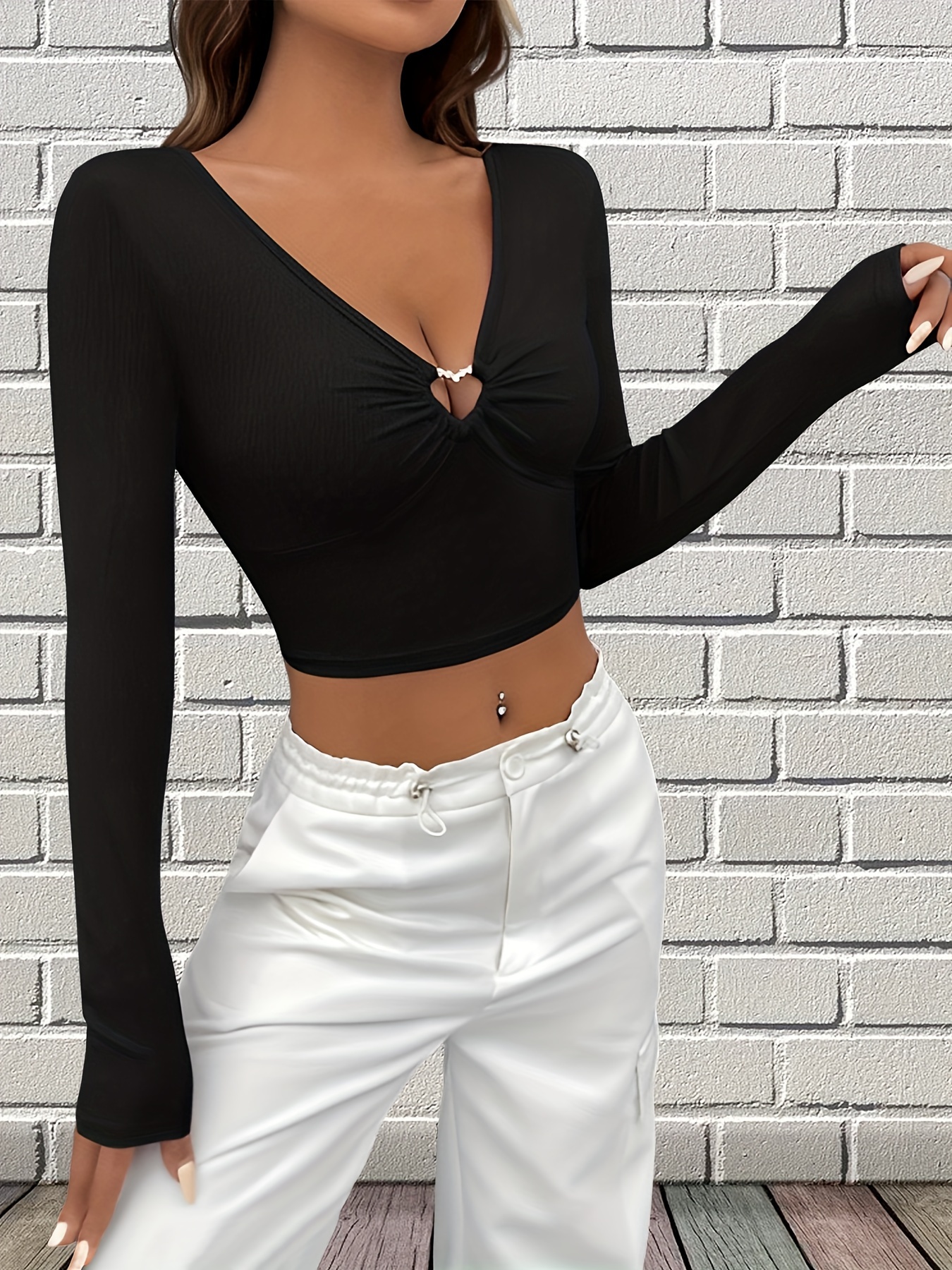 Solid Deep V neck Crop Top Versatile Long Sleeve Cross Front