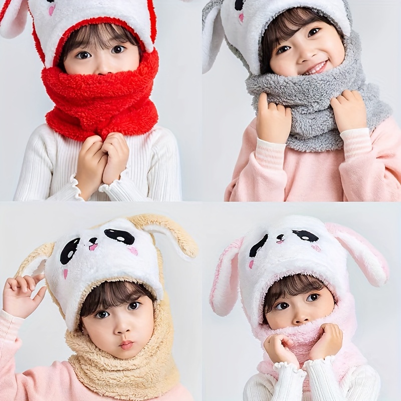 Girls Cute Bunny Hat Scarf Set 2-in-1 Cartoon Winter Warm Hat Soft Plush  Full Hood Cap Thermal Hats with Ears Neck Warmer Cold Weather Set for Girls