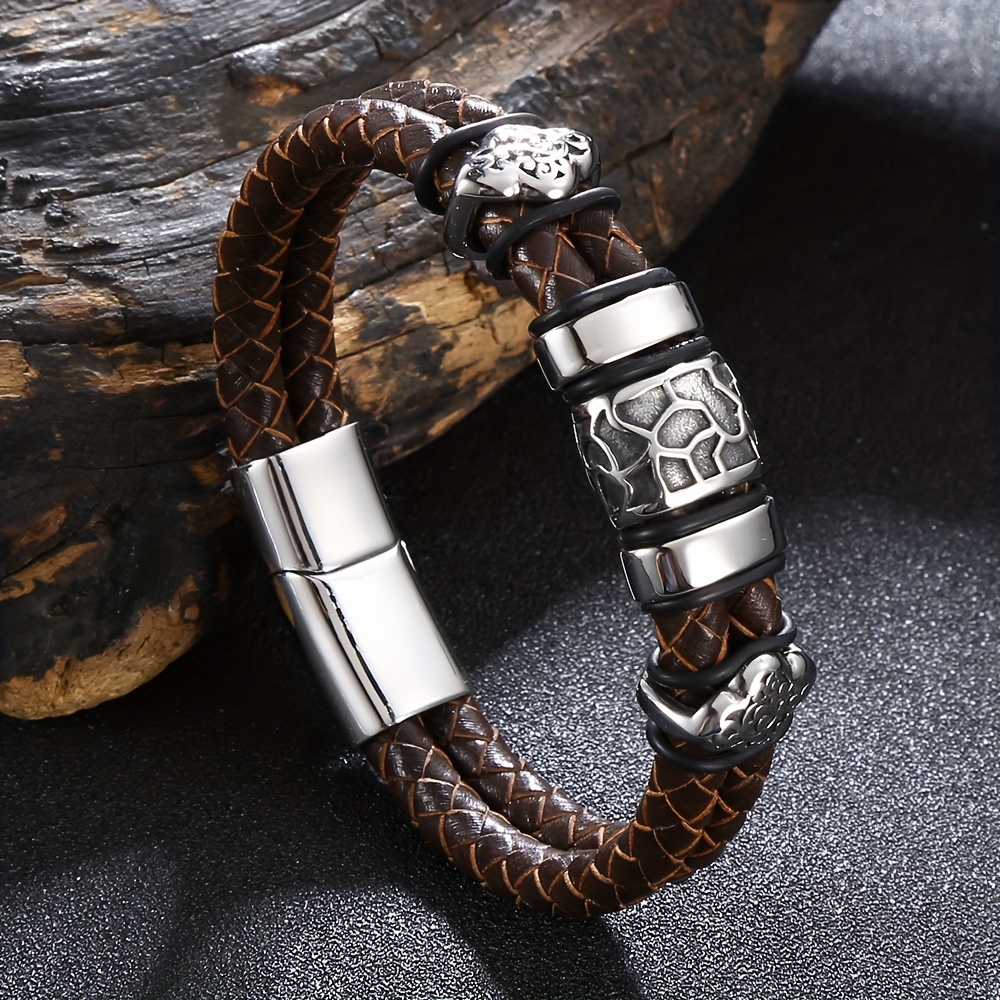 Ymiko Braided Bracelet Split Leather Pin Buckle Hand‑Made Vintage Skull  Wrist Jewelry,Hand‑Made Bracelet,Braided Leather Bracelet 