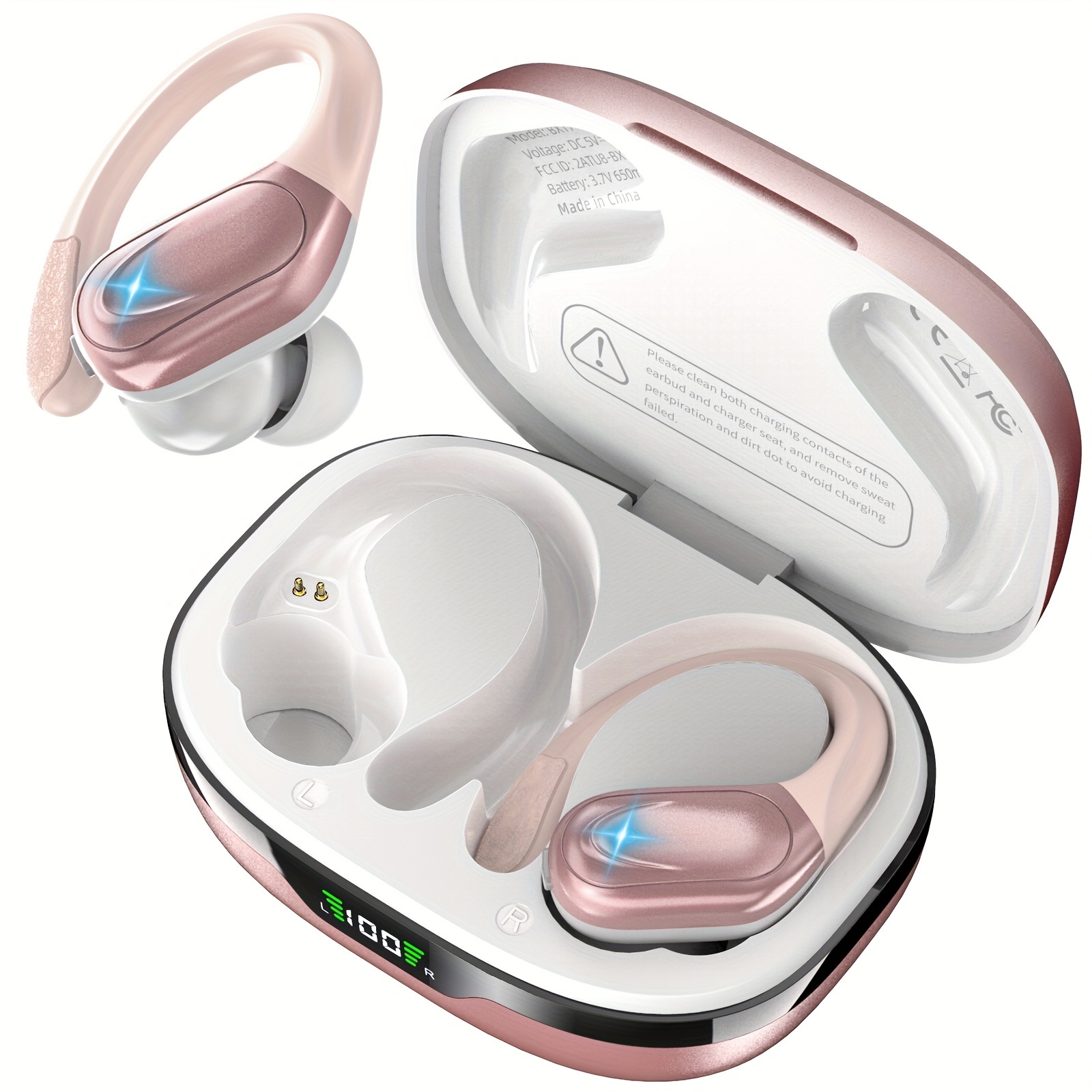 Auriculares inalámbricos rosados con ganchos para los oídos, auriculares  Bluetooth de entrenamiento en el oído cancelación de ruido ajustable  pequeños