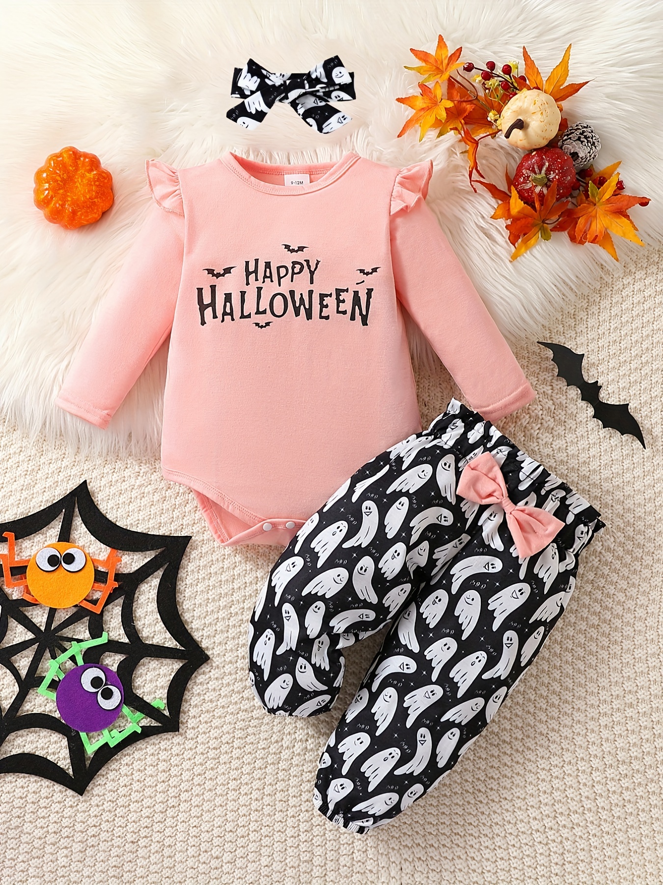Girl's Spooky Mini Print Halloween Set Sweatshirt Flared - Temu