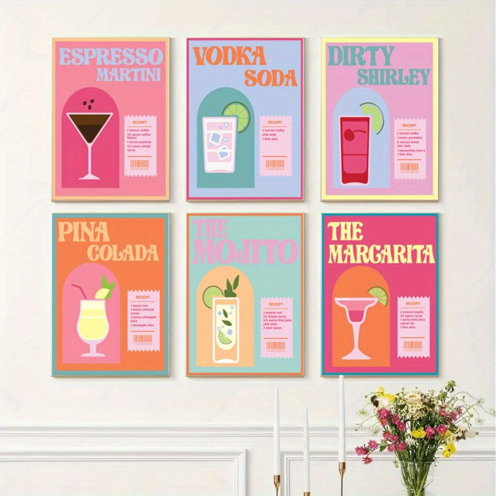 Trendy Retro Wall Art Set of 6, Bar Cart Art, Bar Cart Accessories, Cheers  Print, Drinks Printable Wall Art, Pink Beige Digital Download 