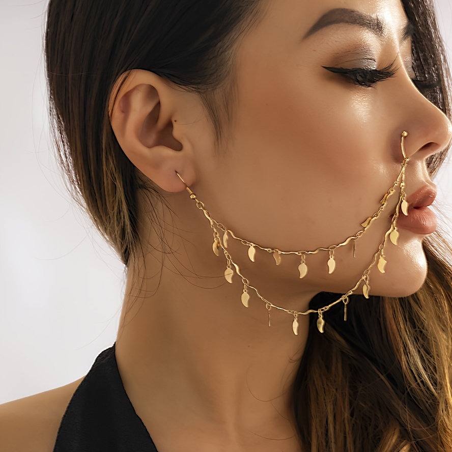 Lip ring connected chain on sale earring