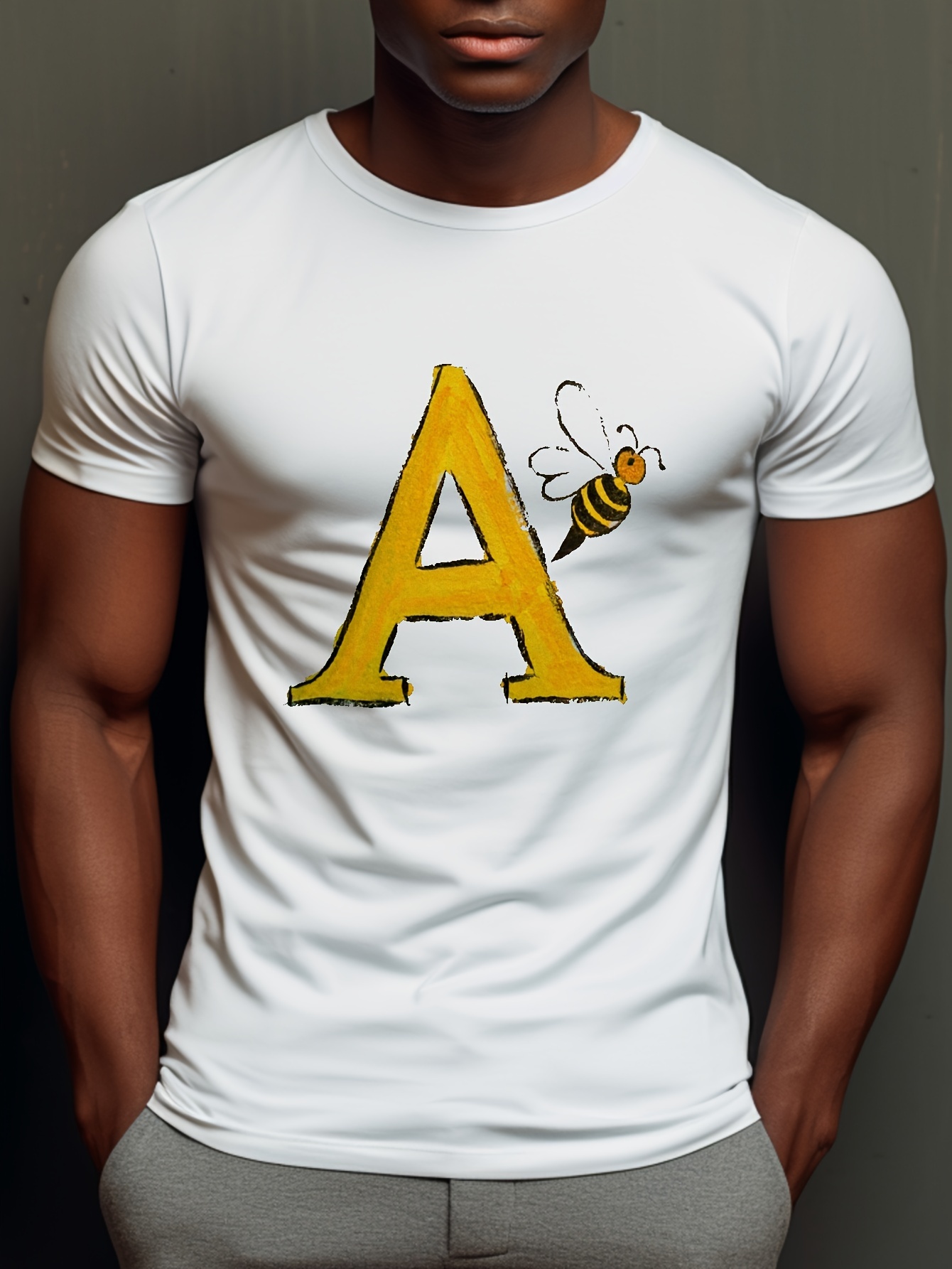 white blue and yellow graphic tee