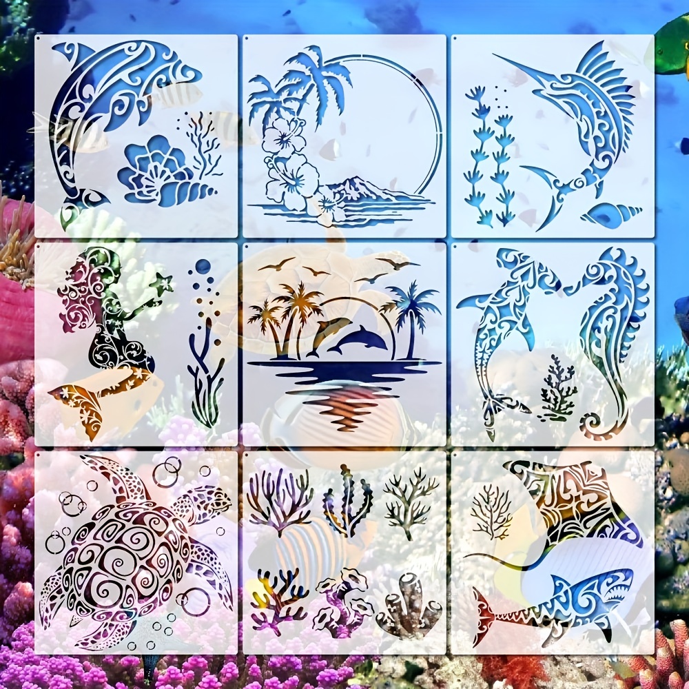 Seashore Glass Etching Stencils: Dolphin, Palm Trees, Shells