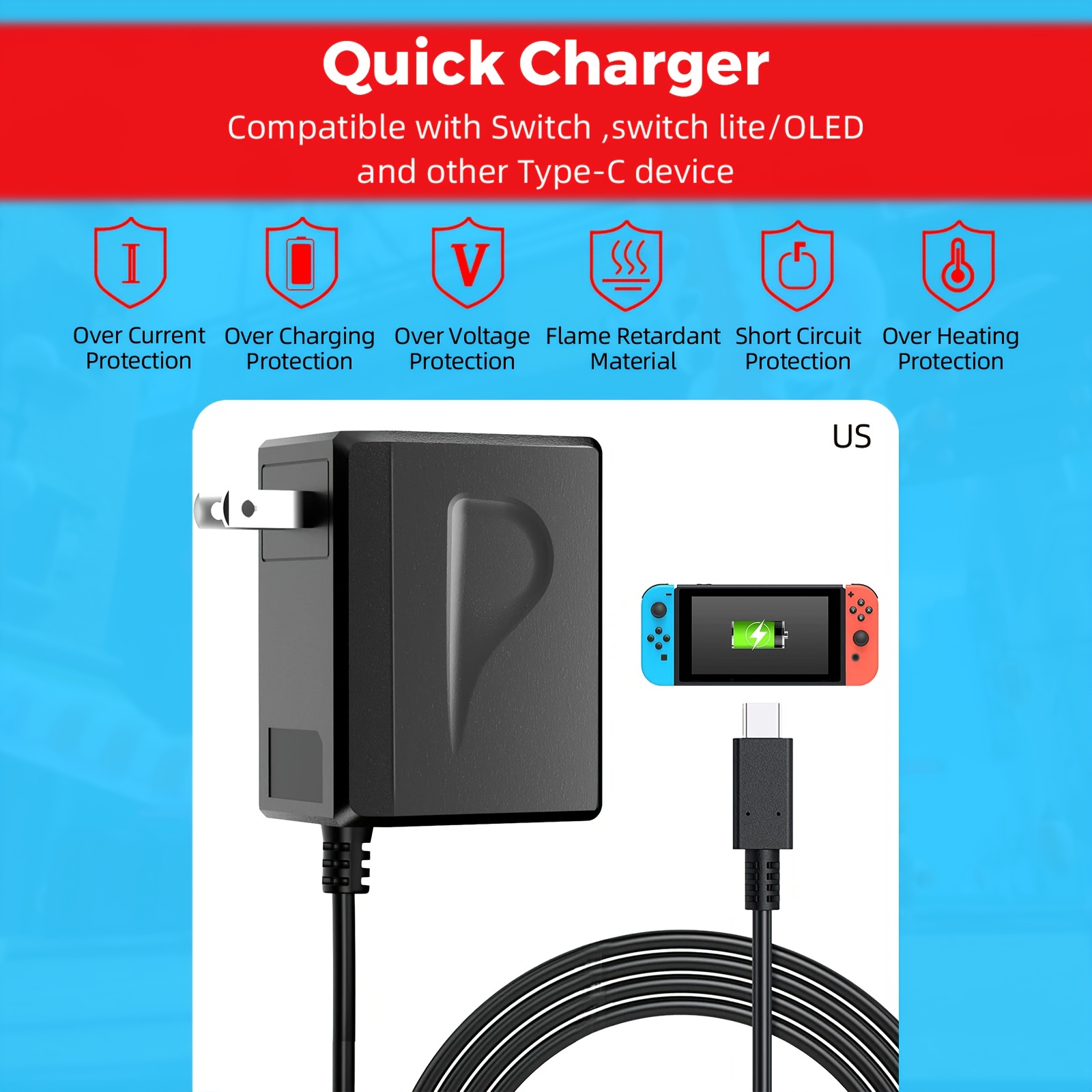 Charger for Nintendo Switch with 5FT Charging Cable, AC Power Supply  Adapter for Nintendo Switch/LITE/OLED Work as Original Nintendo Charger,  Support