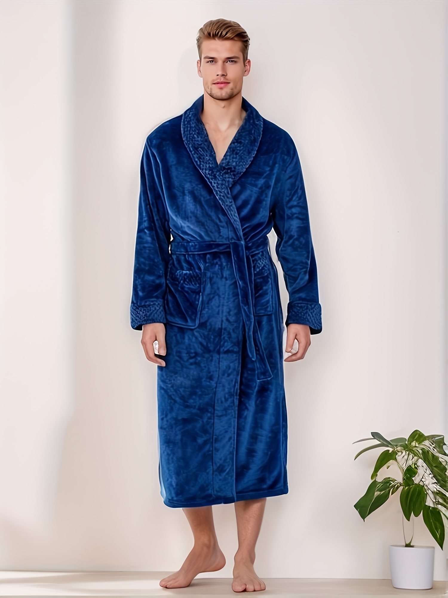 Thickened Men's Comfy Solid Cotton Robe Home Pajamas Wear - Temu