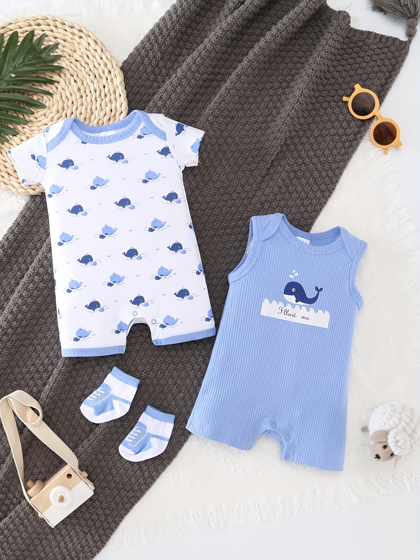 100% Baby Boy/Girl Long-sleeve Faux-two Allover Whale & Letter Print Jumpsuit