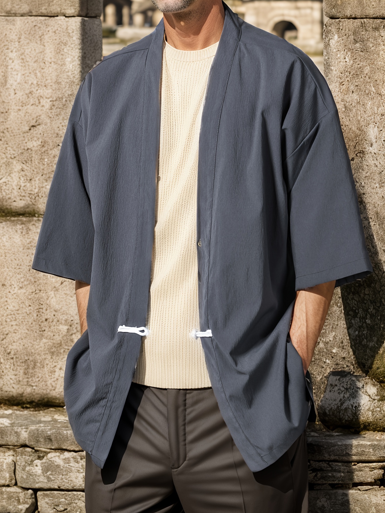 Conjunto de chaqueta tipo kimono japonesa para hombre, elegante abrigo  frontal abierto con pantalón, estilo chino, cárdigan estampado