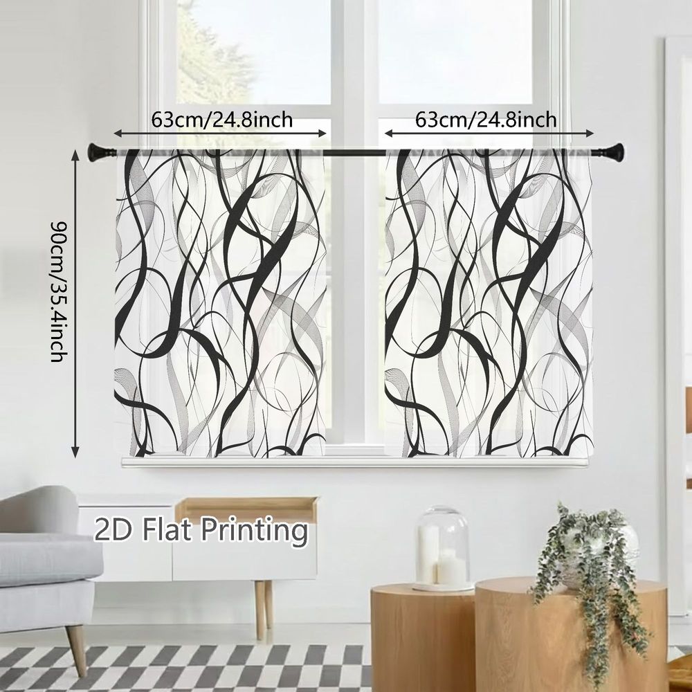 TEMU 2d Flat - 2d Flat - Set Of 2 Sheer Curtains In A 2d Flat Design, Featuring A Black And White Abstract Pattern With Flowing Lines, Suitable For