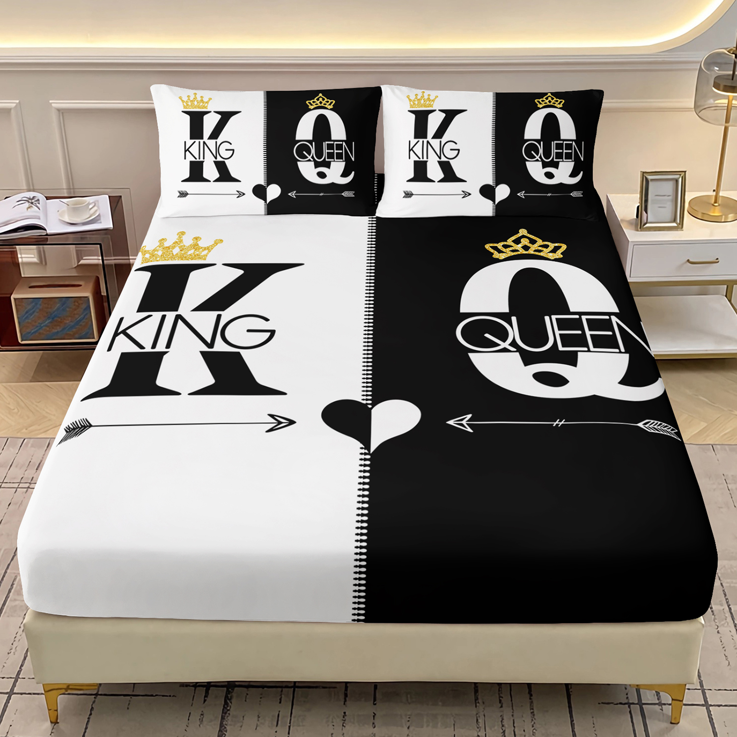 3pcs king queen couple bedding fitted sheets set black white printed bed sheet set for bedroomdormitory and   decorationking and queen   pattern bedding set1 fitted sheet 2 pillowcases without core Product details 0