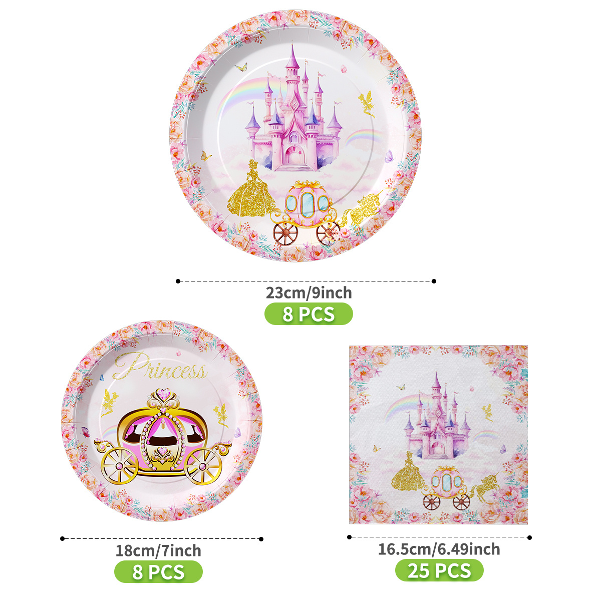 TEMU Set de vaisselle de fête jetable 41 pièces Rose Princesse Citrouille Voiture de Rêve, Ensemble d'assiettes et de serviettes en papier, Inclut 8