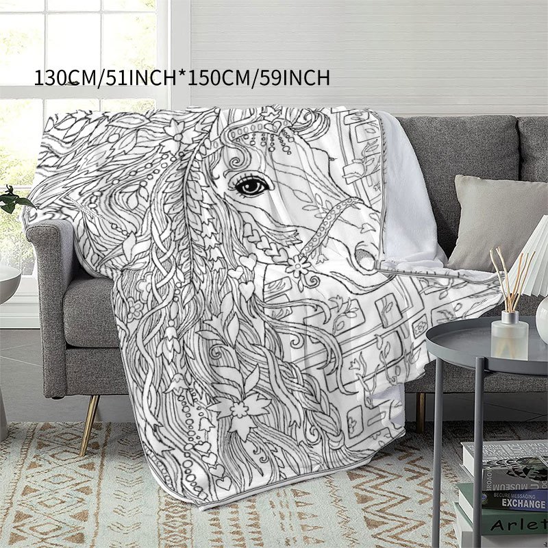 TEMU Stress- Coloring Flannel Diy Hand-painted Home Decorative Blanket, Fun Patterned Horse Blanket, Multi-functional Throw Blanket, Suitable For