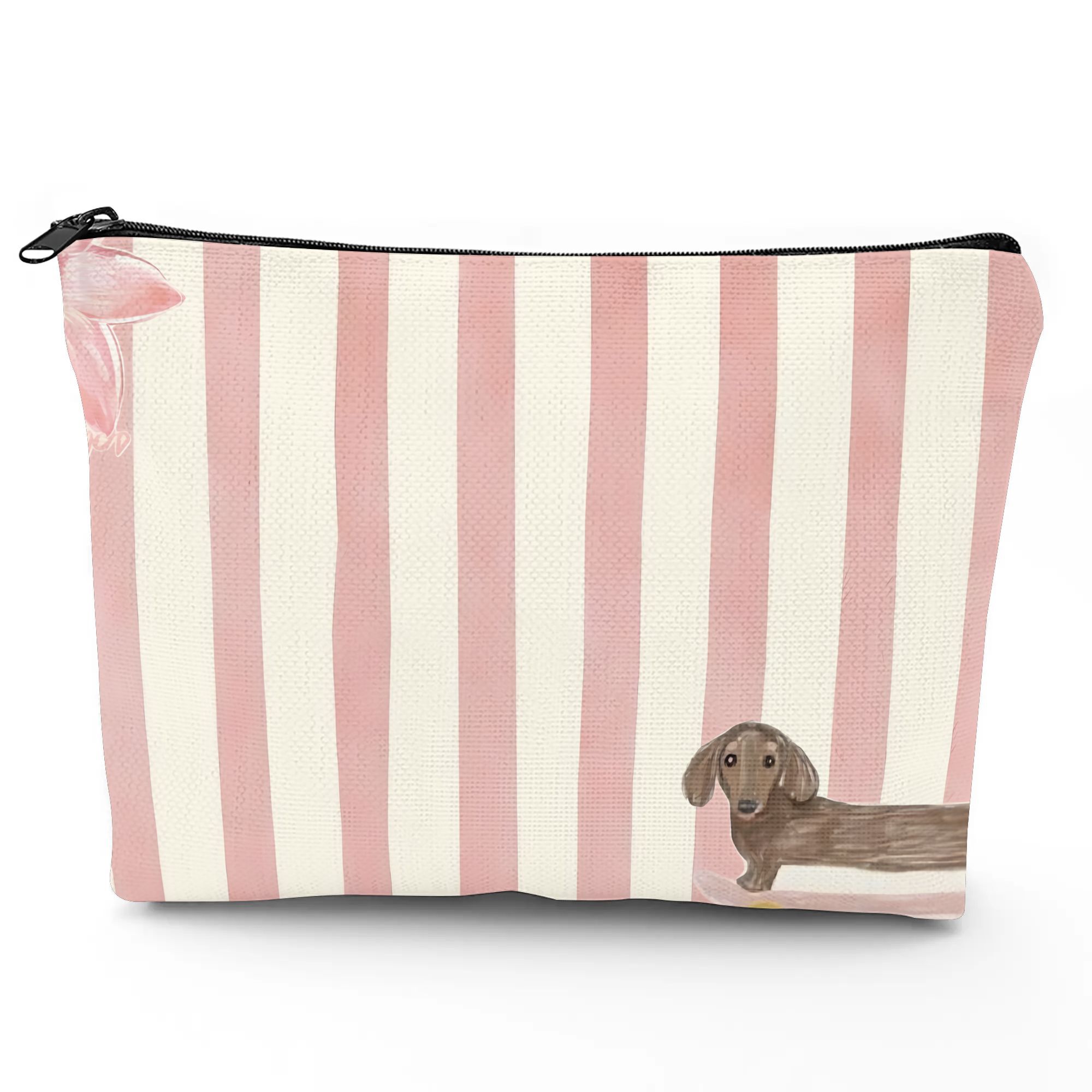 TEMU 1 pieza, Neceser de maquillaje con estampado de perro salchicha adorable a rayas rosas, adecuado para o los desplazamientos, añade un de diaria,