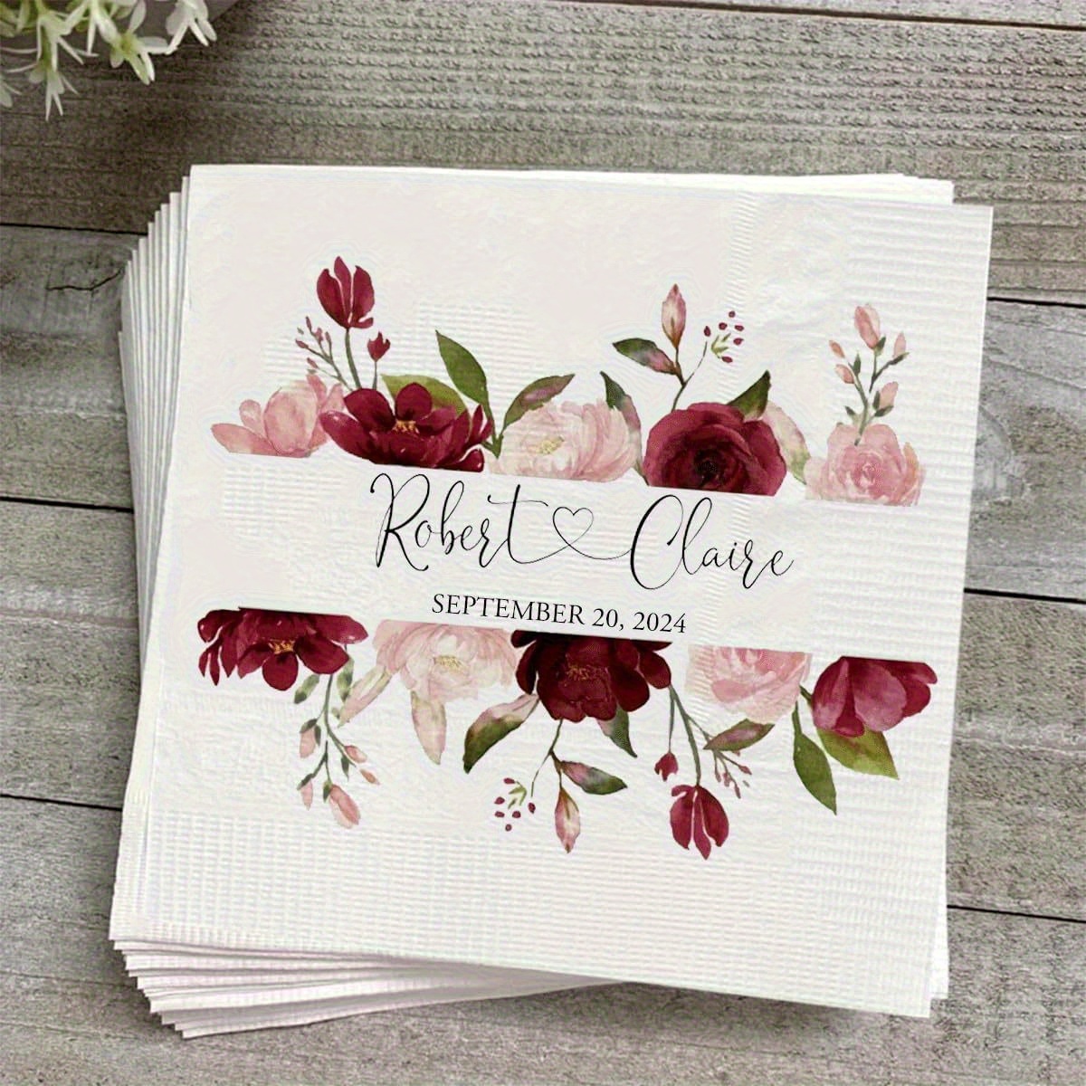 TEMU Personalized Wedding Napkins - Custom Names & Dates, Elegant With Red Pink Roses, High-quality Paper For Wedding, Bridal Shower, Reception -