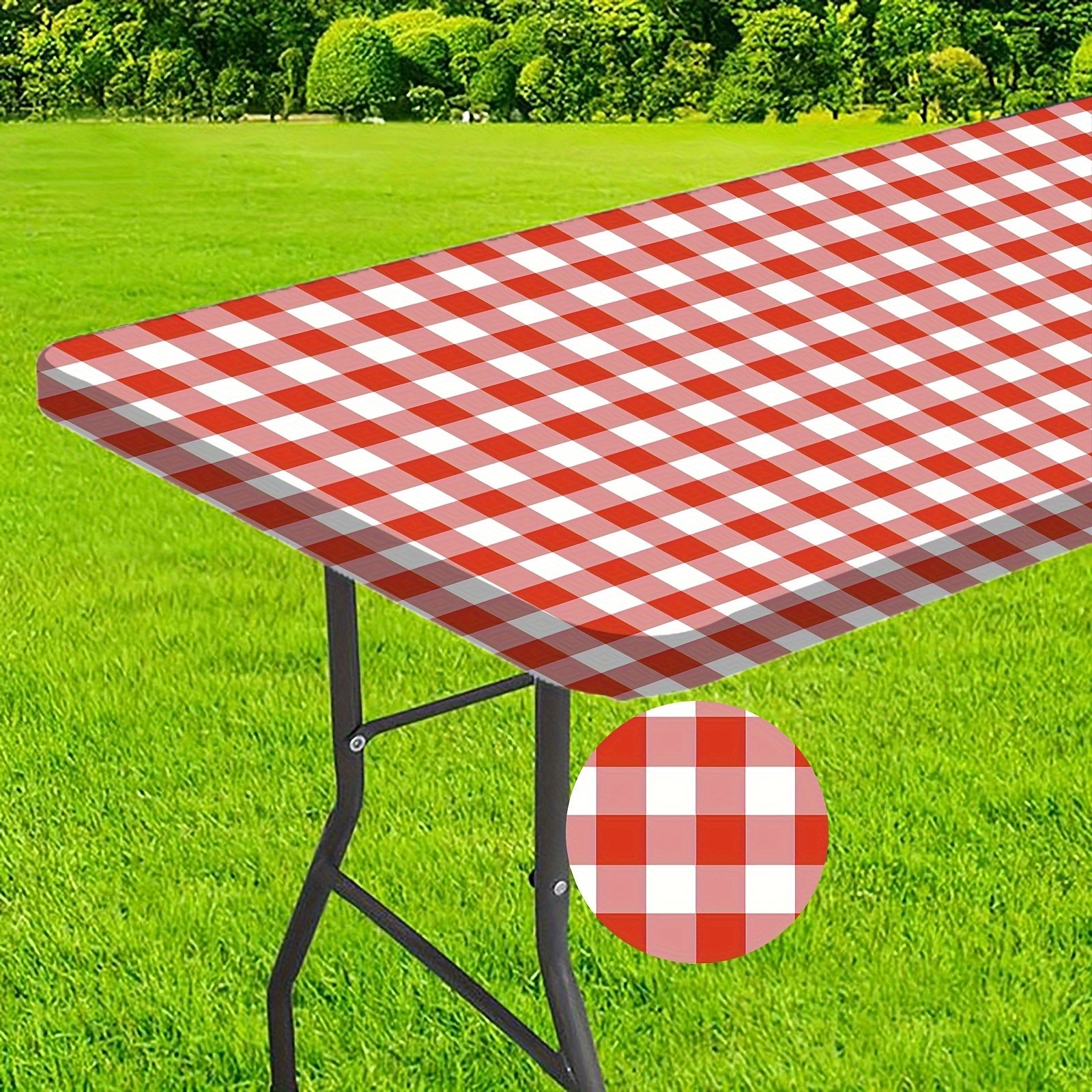 TEMU 1pc, Picnic Tablecloth, Black And White Checkered Design With Elastic Edges, Suitable For Patio, Camping And Outdoor Activities, Picnics And