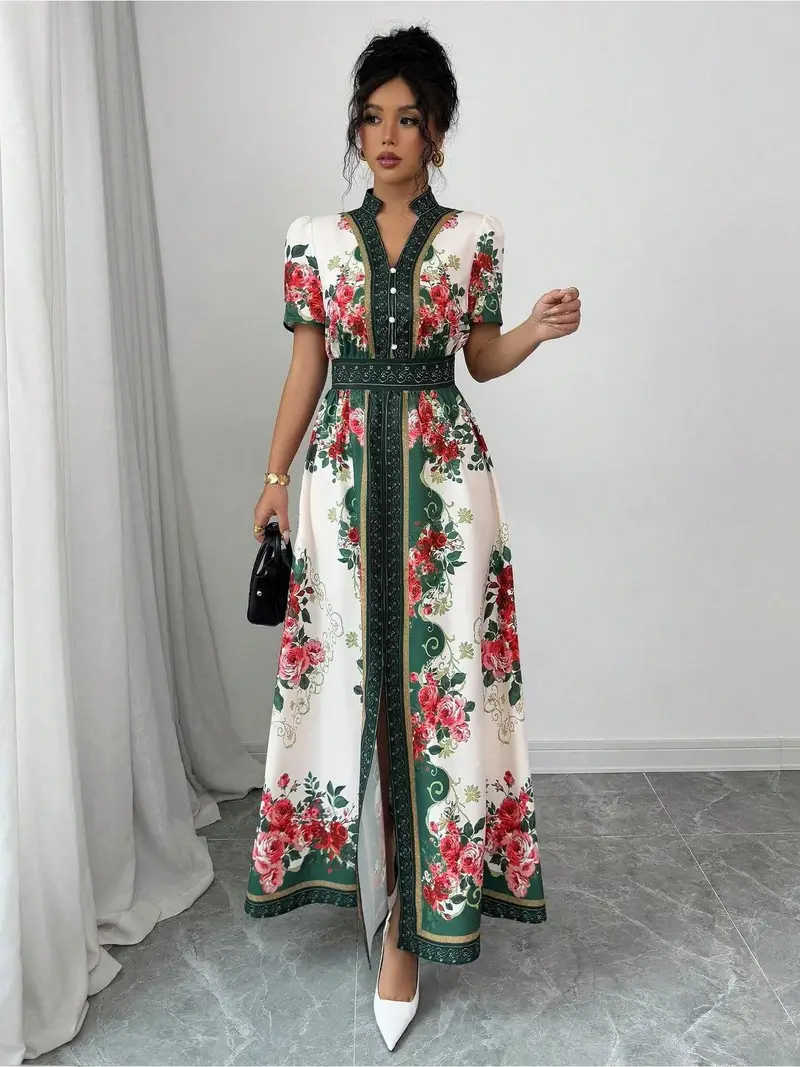womens floral a line dress flared hem party formal dress with elegant floral print in blue red white machine washable for weddings garden parties everyday outfits non stretch fabric wedding guest attire short sleeve design Product details 2