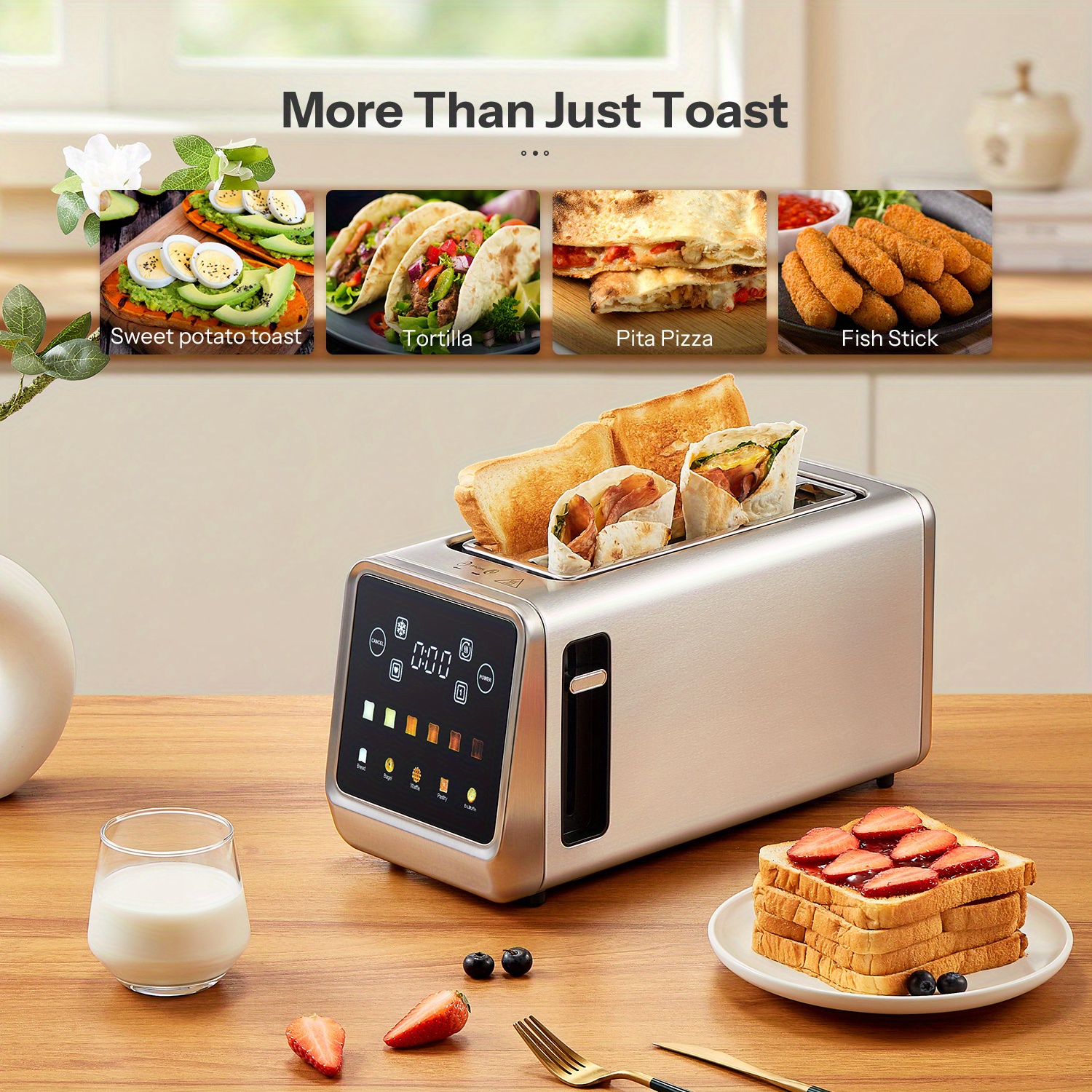 TEMU 4- Long Slot Toaster Features A Touch Screen Led Display, Extra Wide Slots For Thick Bread And , Countdown Timer, Memory Function, Dual