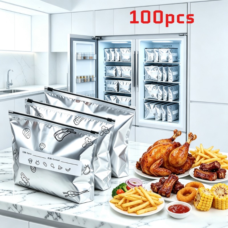 TEMU 100 Bolsas Reutilizables Lavables de Papel de Aluminio de Vacío y Etiquetas de , Bolsas de Almacenamiento para Alimentos y Refrigerados, Bolsas