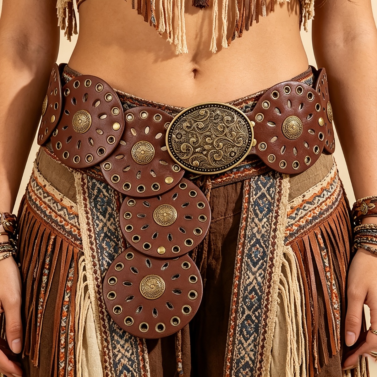 TEMU 1pc Of Brown Bohemian-style Wide-waist Women's Belt, Featuring A Bronze Color- Adjustable And Handcrafted Openwork . Pairs Perfectly With
