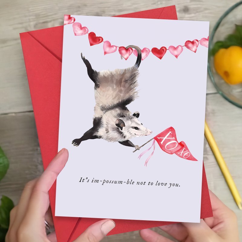 

Watercolor Opossum Valentine's Day Card - ' Im-possum-ble Not To Love You' - Perfect Gift For Or Partner, Includes Envelope, Boyfriend Girlfriend, Valentine Gift