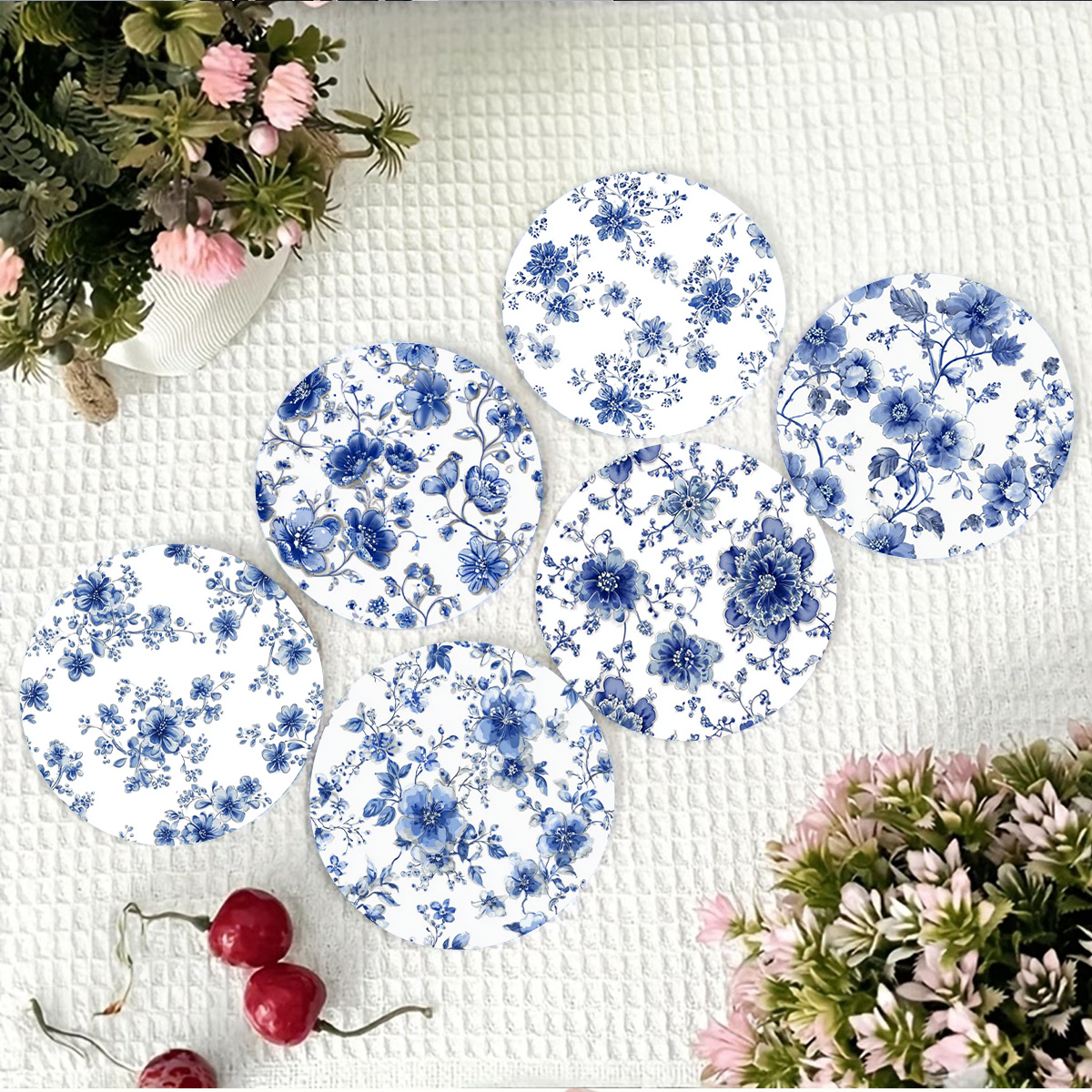 TEMU 6pcs Wood Coasters Suitable For - Porcelain Floral Table Protectors, Heat-resistant Absorbent Cup Holders With Traditional Chinese, Wood Grain