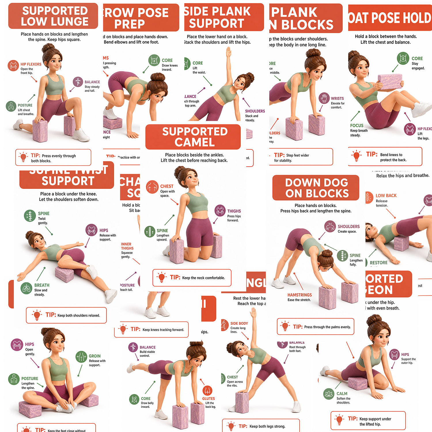 TEMU 20pcs Yoga Block Pose Cards Set, Yoga Block Poses For Beginners Yoga Block Cards Stretching Beginner-friendly Yoga Props Guide, Stretching And