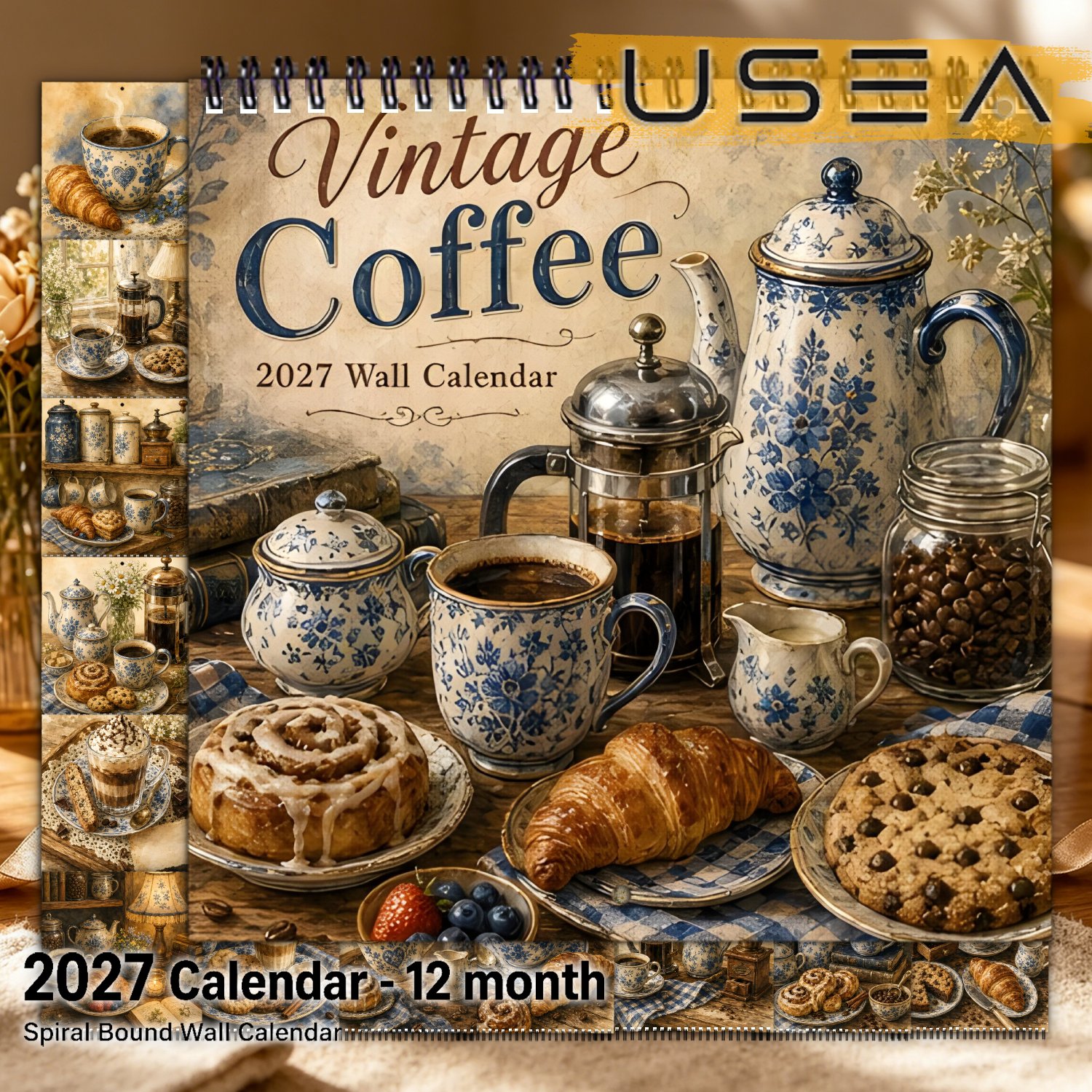 TEMU Wall Calendar Hanging Wall Calendar, Twin Wire Spiral Binding, 12 Months Yearly Organizer, Monthly Planner, Vintage Coffee And Pastry Theme,