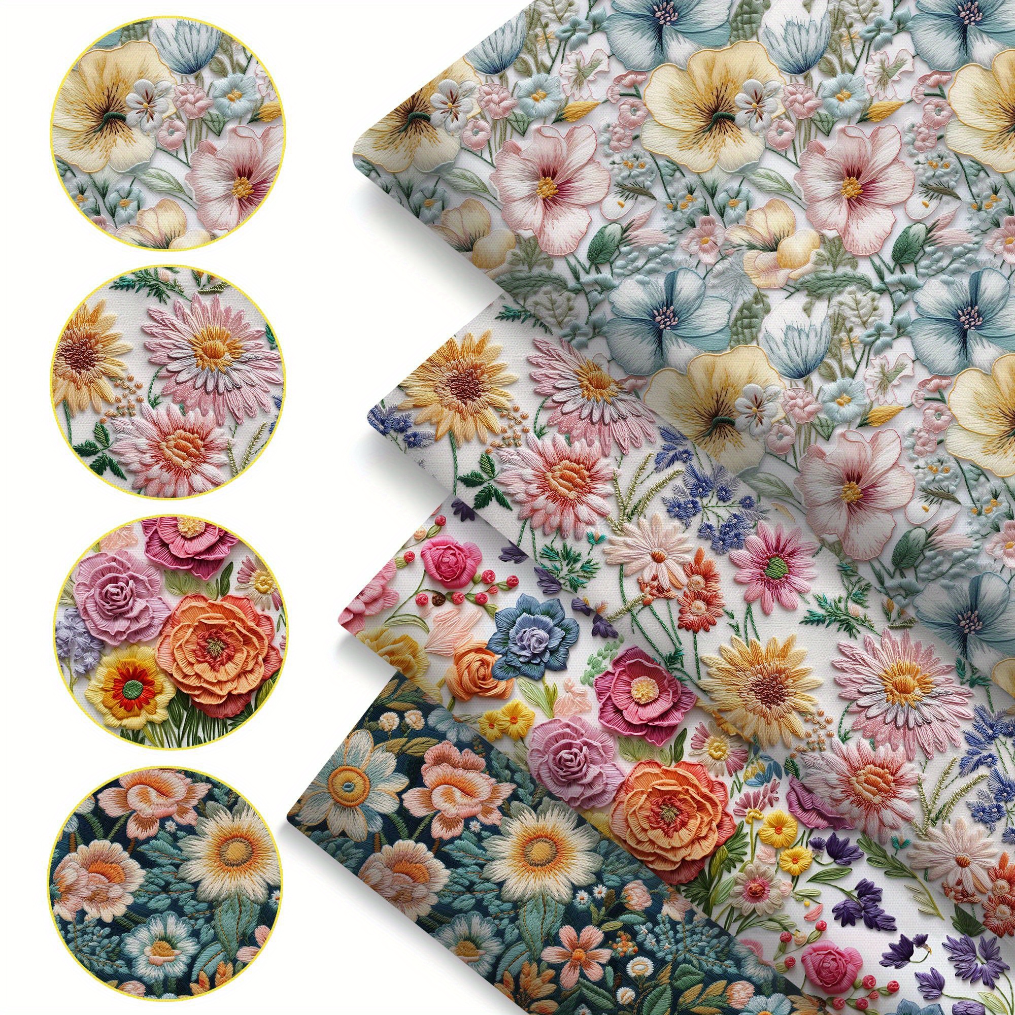 

4pcs Floral 3d Embroidery Quilting Fabric Bundle, Pre-cut Polyester Squares, Vibrant Flowers For Diy Crafts, Patchwork & Wallet Making, 19.68x17.7 Inches