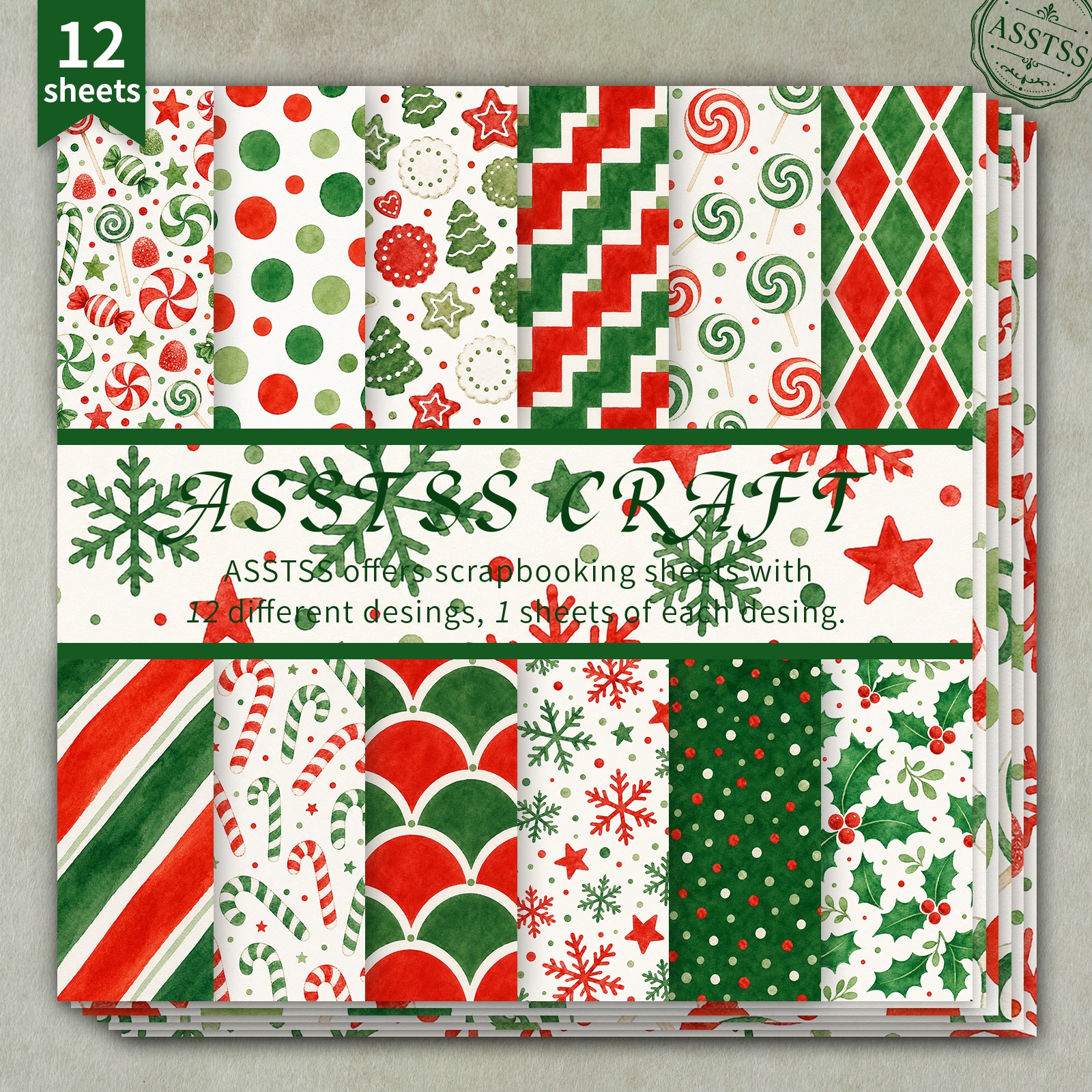 TEMU Bloc de papier de scrapbooking 12 feuilles assorties 6x6 pouces, fournitures de papier de support style simple Noël rouge-vert avec de neige,