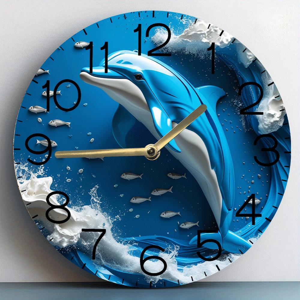 TEMU 8-inch Silent Dolphin Wall Clock - Featuring A Blue , , And A Quiet Acrylic Movement, Perfect For Decorating Bedrooms And Kitchens, An Ideal