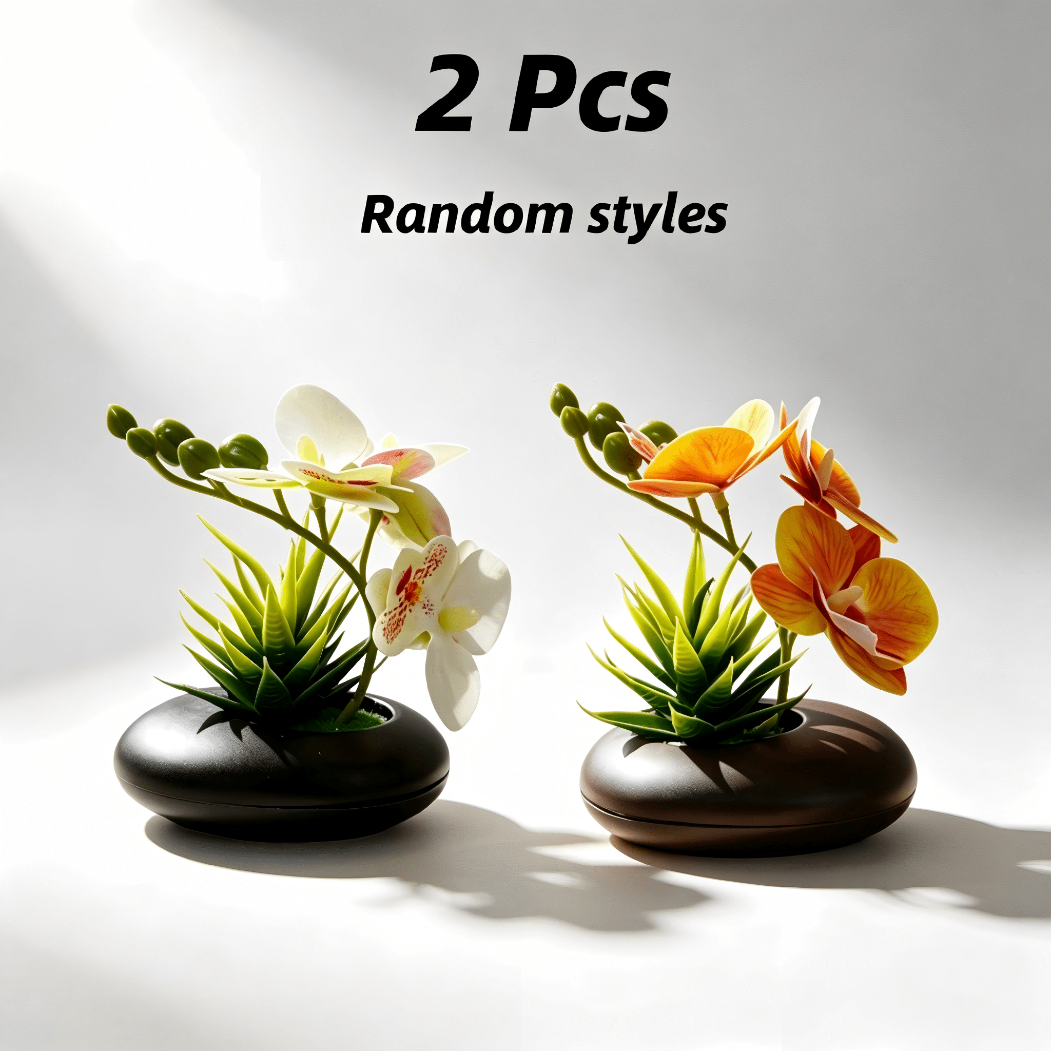 TEMU 2pcs Artificial Orchid Potted Plants | 12cm/4.72inch Small Pebble | Random Styles Multi-colors Mixed Fake Flowers | Mini Short Style Strong 3d