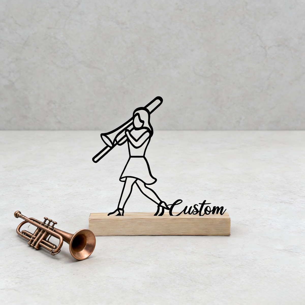 TEMU Personalized Female Trombone Player Sculpture - Custom Name/initials Metal Music Statue, Minimalist Iron Desk Decor Suitable For , Band Gift For