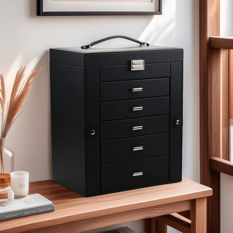 6 layer black   leather jewelry storage box with   removable drawers   elegant organizer for bracelets watches rings necklaces earrings jewelry box Product details 2