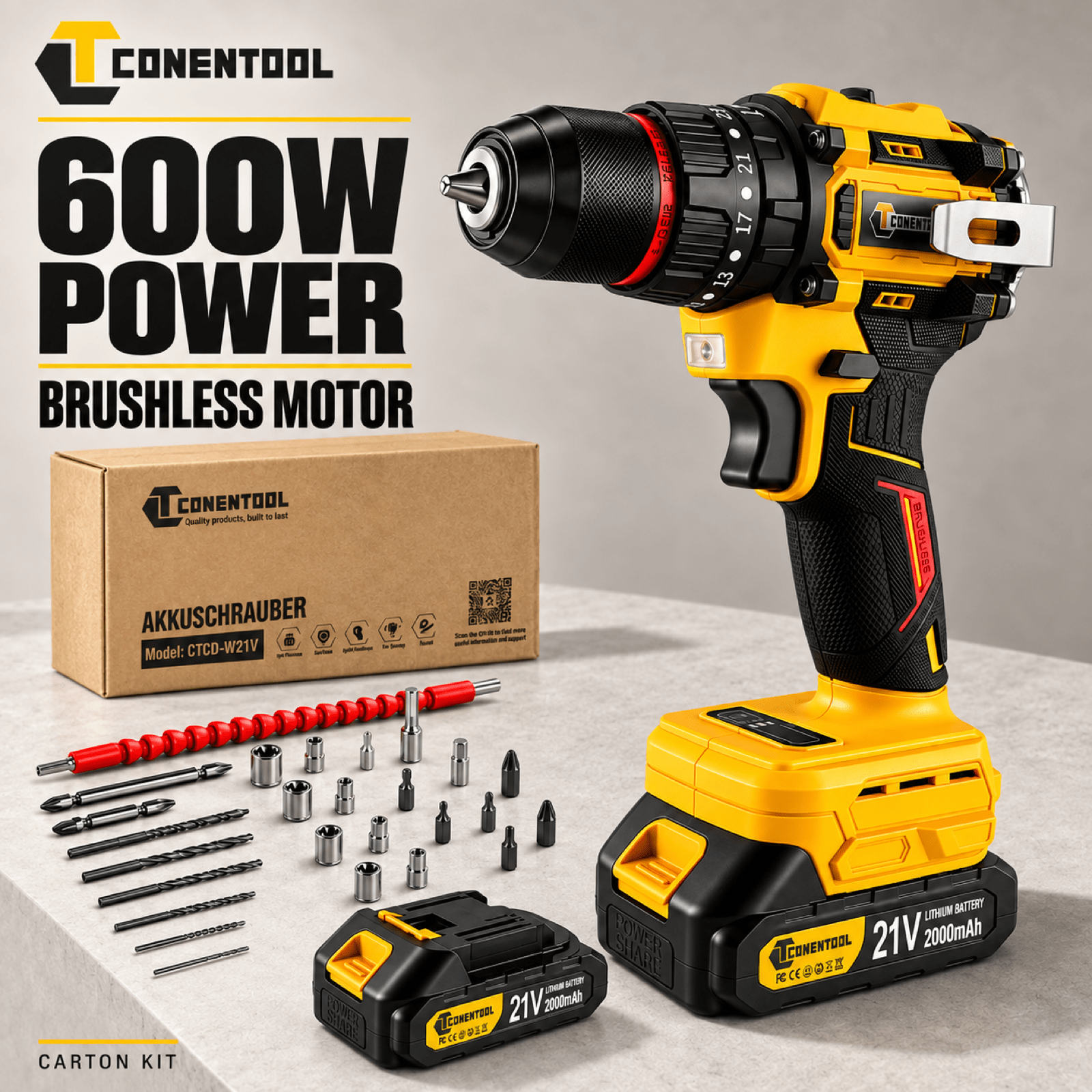 Image of 21v Brushless Impact Drill Kit With Toolbox, As The Device , Or With 1 Or 2 Batteries. 2-speed, Li-, Led, For Wood/metal Drilling And , Includes Bits And Special Tools