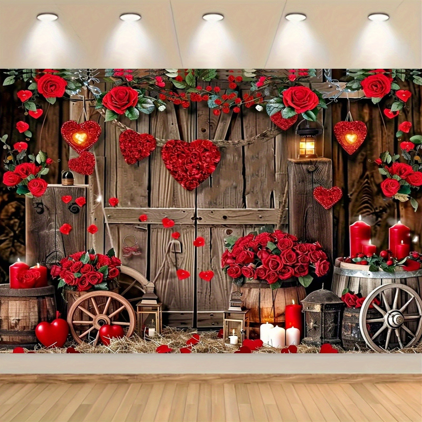 

Valentine's Day Love-themed Photo Backdrop - Red Heart & Wood Wall Design, Polyester Banner For Romantic Party Decorations, No Power Needed